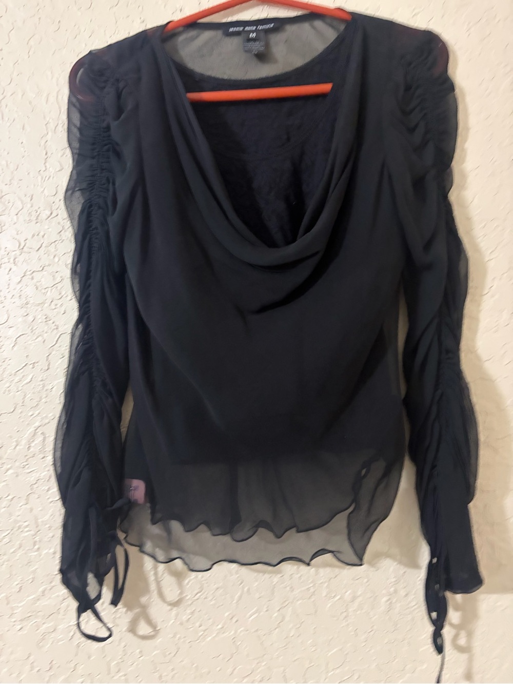 Sheer Cowl Neck Long Sleeve Blouse - Black